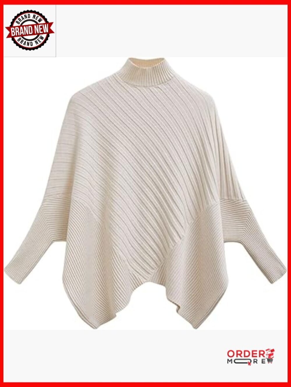 Oversized Mock Neck Pullover Sweater Batwing Sleeve Ribbed Knit Poncho Top